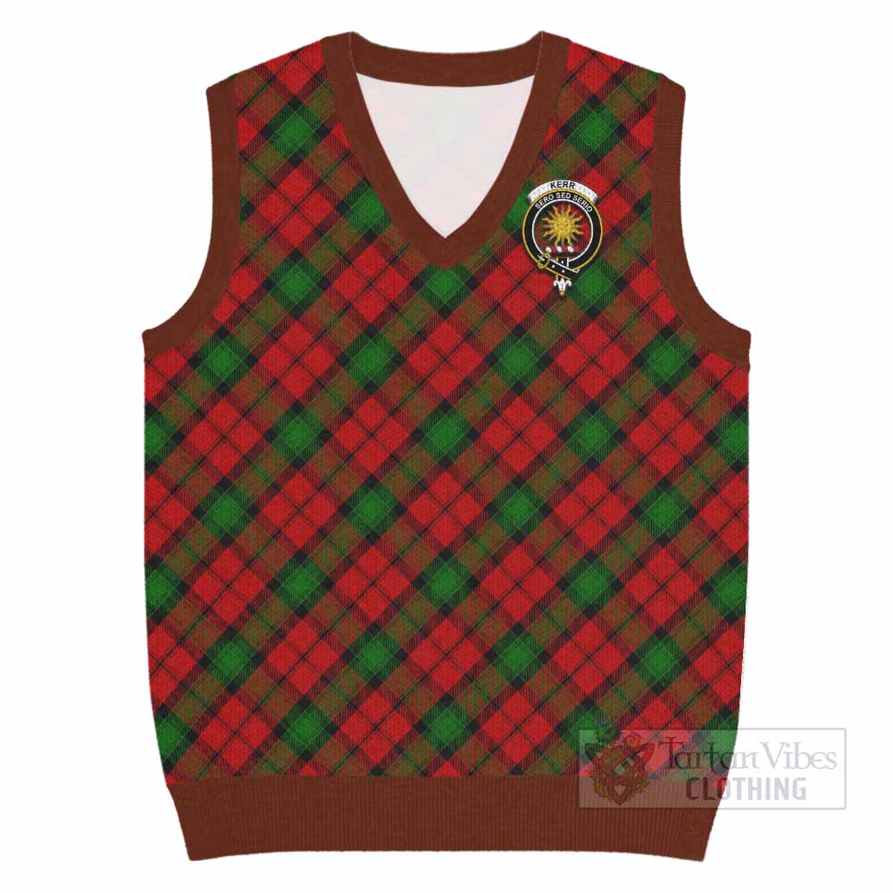 Kerr Tartan Knitted V-Neck Vest with Family Crest Cross Style