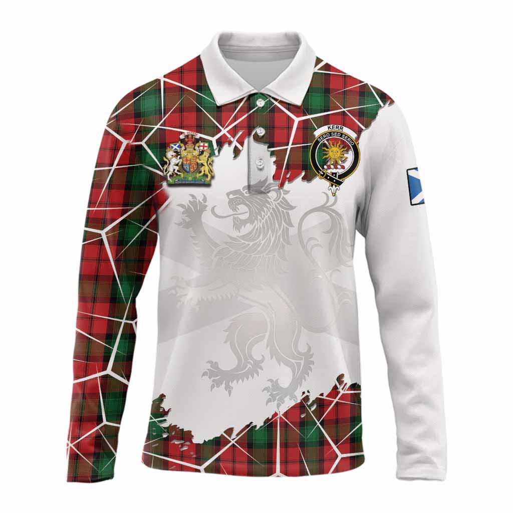 Kerr Tartan Long Sleeve Polo Shirt with Family Crest and Lion Rampant Grunge Style