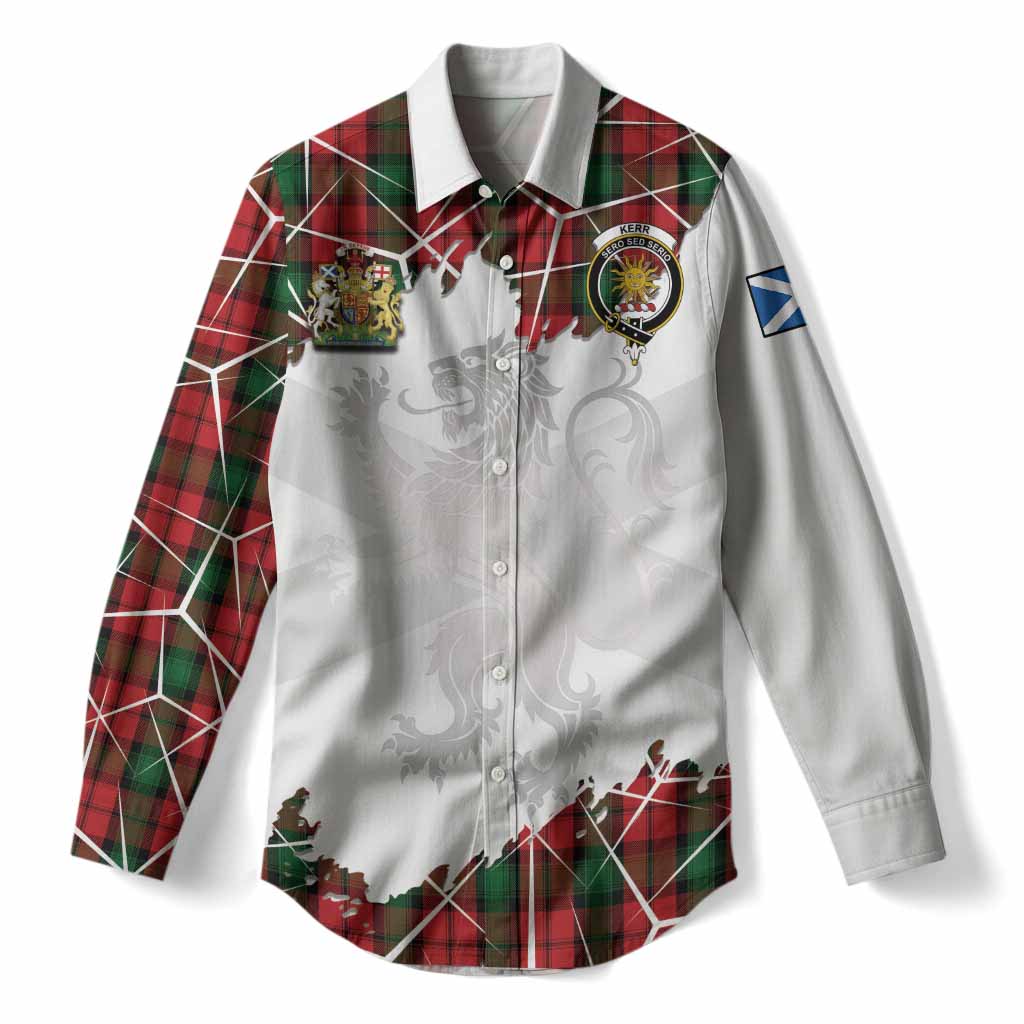 Kerr Tartan Women Casual Shirt with Family Crest and Lion Rampant Grunge Style