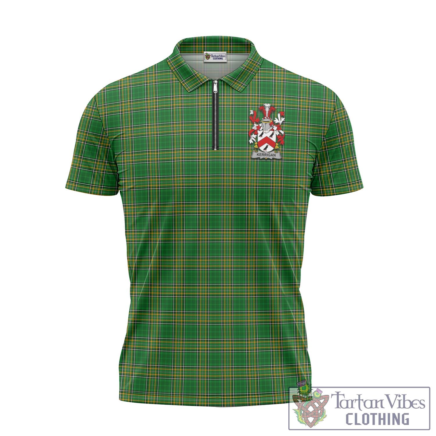 Tartan Vibes Clothing Kerrigan Ireland Clan Tartan Zipper Polo Shirt with Coat of Arms