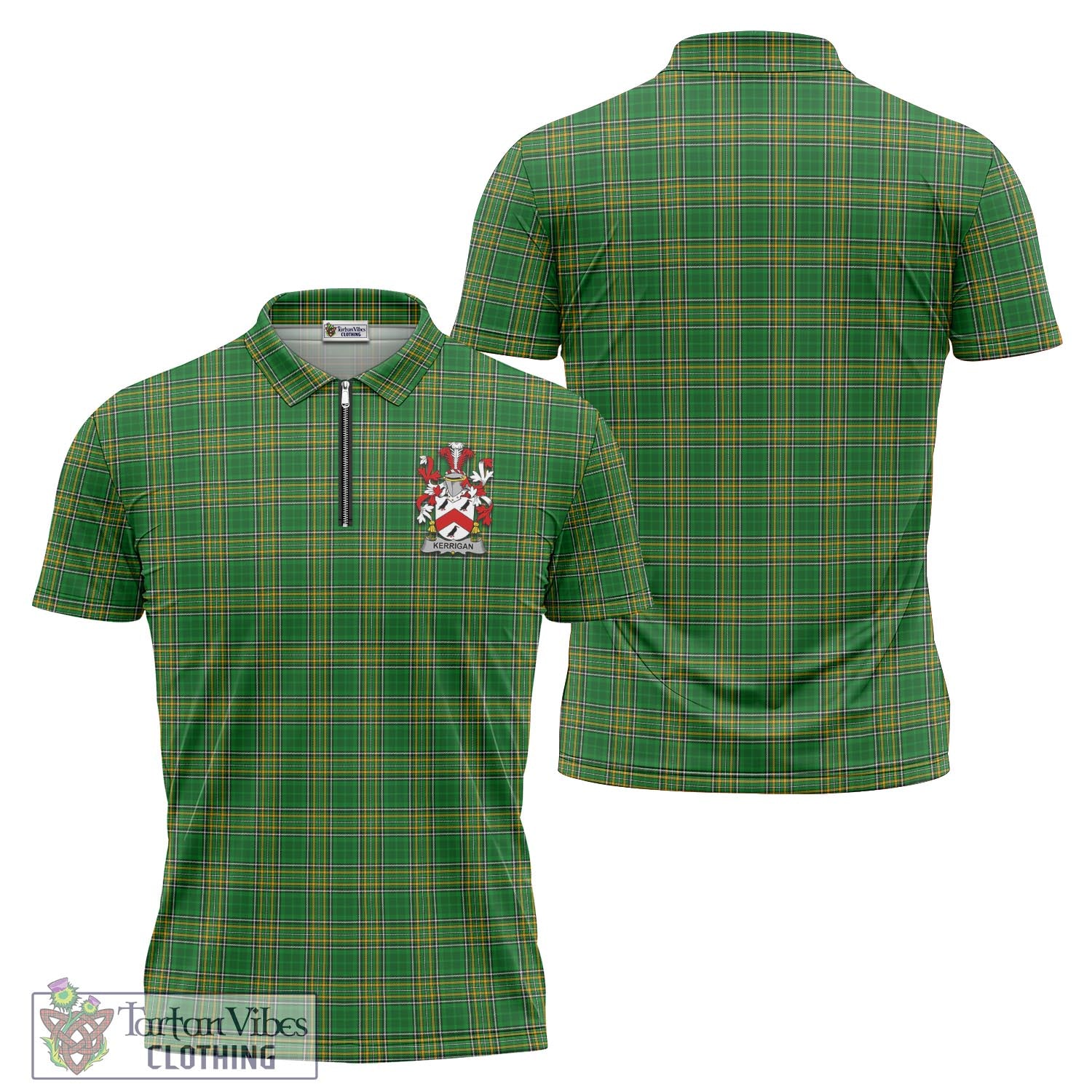 Tartan Vibes Clothing Kerrigan Ireland Clan Tartan Zipper Polo Shirt with Coat of Arms
