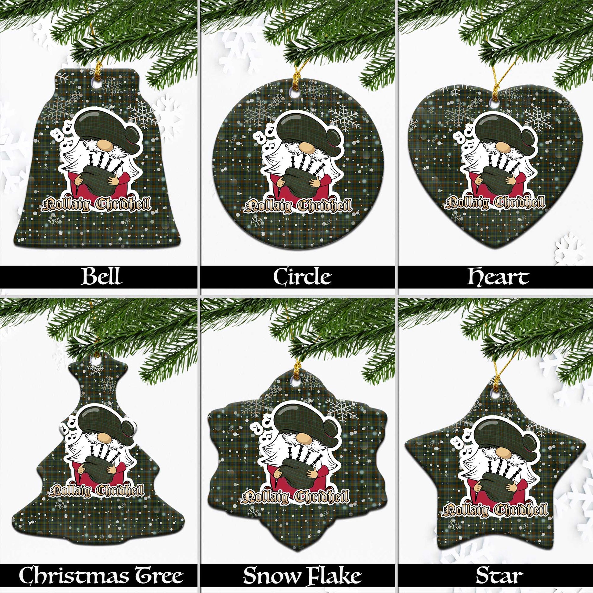 Kerry Tartan Christmas Ceramic Ornaments with Scottish Gnome Playing Bagpipes Ceramic - Tartan Vibes Clothing
