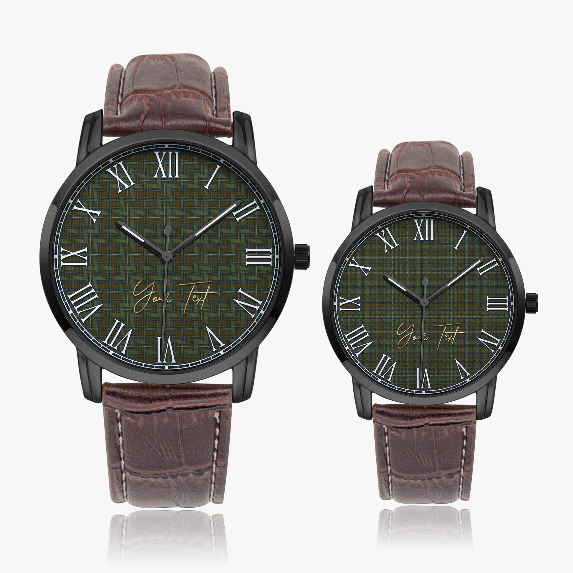 Kerry County Ireland Tartan Personalized Your Text Leather Trap Quartz Watch Wide Type Black Case With Brown Leather Strap - Tartanvibesclothing