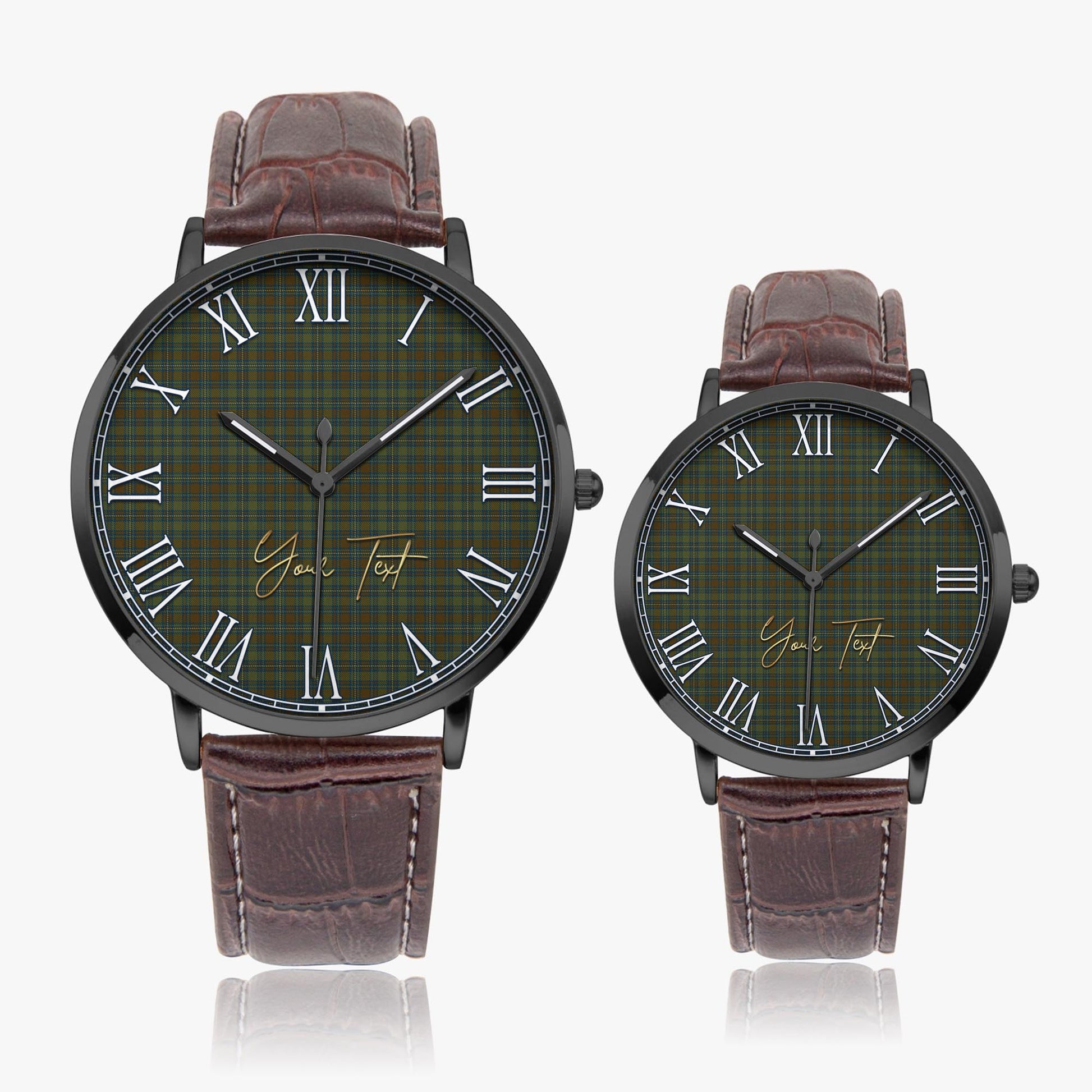 Kerry County Ireland Tartan Personalized Your Text Leather Trap Quartz Watch Ultra Thin Black Case With Brown Leather Strap - Tartanvibesclothing