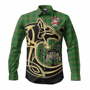 Kiely Irish Tartan Long Sleeve Button Shirt with Coat of Arms Celtic Wolf Style