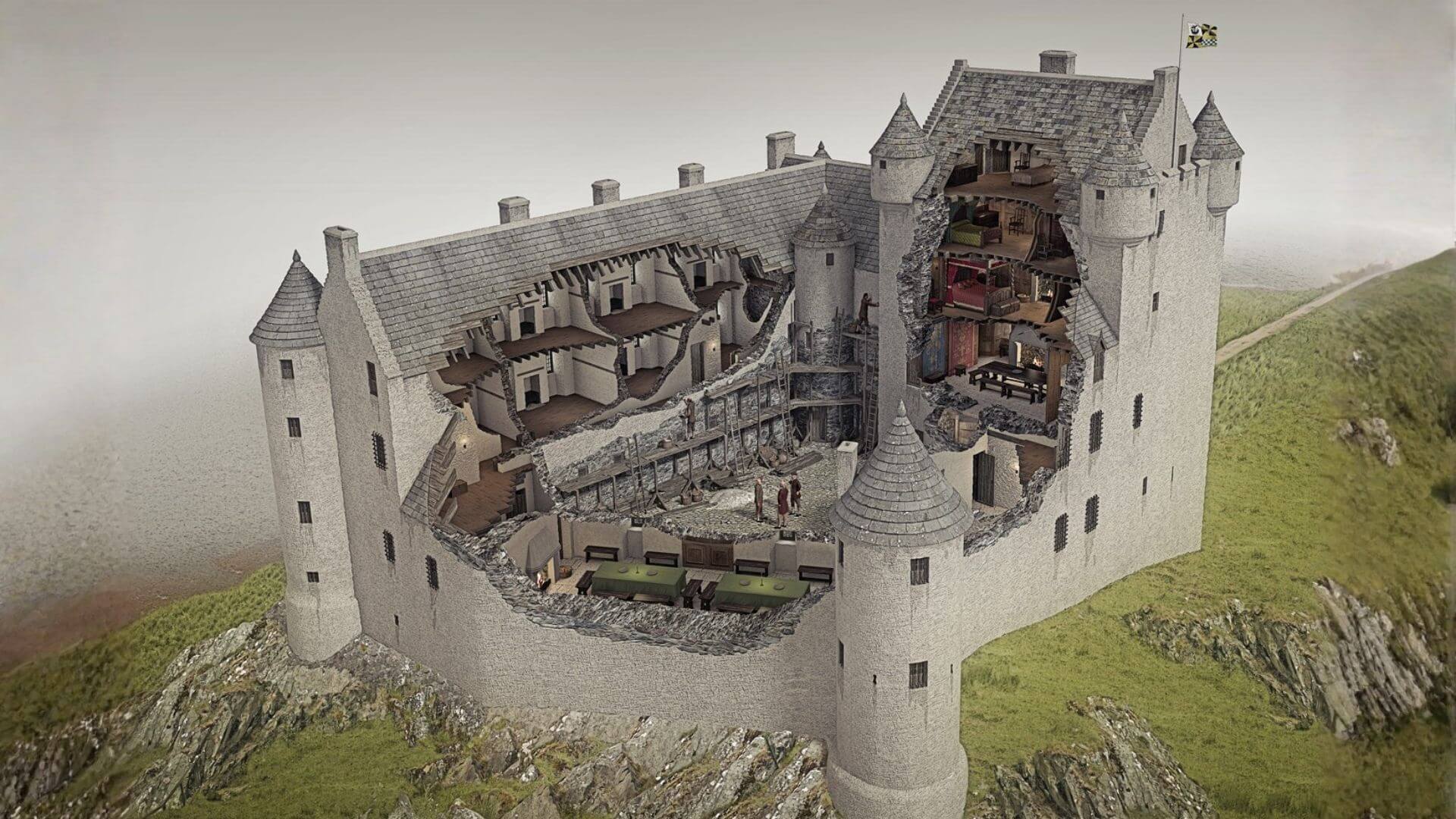 Kilchurn Castle architectural design cutaway showing interior layout and tower structure.