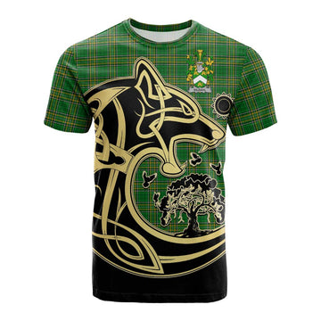 Tartan Vibes Clothing Kildahl Irish Tartan Cotton T-shirt with Coat of Arms Celtic Wolf Style