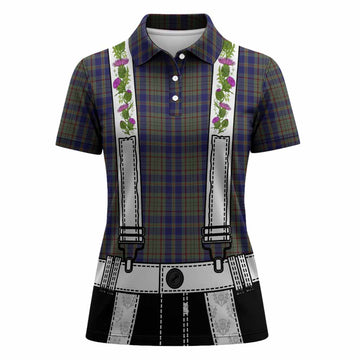 Kildare Tartan Lederhosen Costume Women Polo Shirt Scotland Thistle Floral