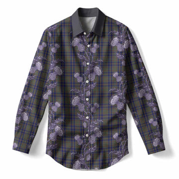 Kildare Tartan Women Casual Shirt Seamless Scottish Thistle Flowers