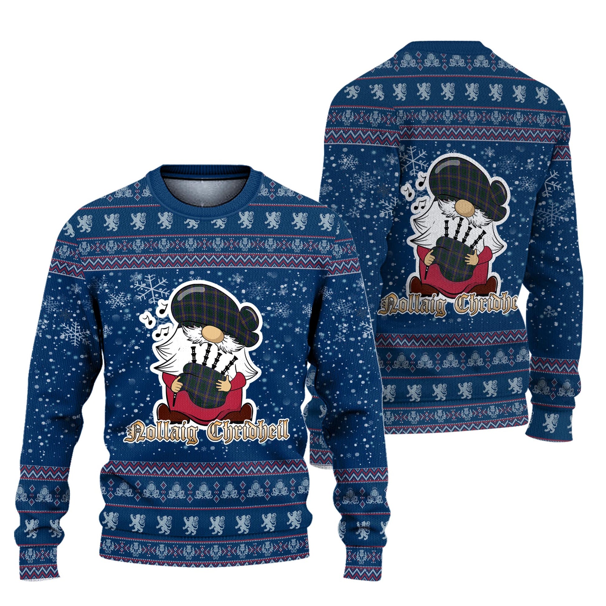 Kilkenny County Ireland Clan Christmas Family Knitted Sweater with Funny Gnome Playing Bagpipes Unisex Blue - Tartanvibesclothing