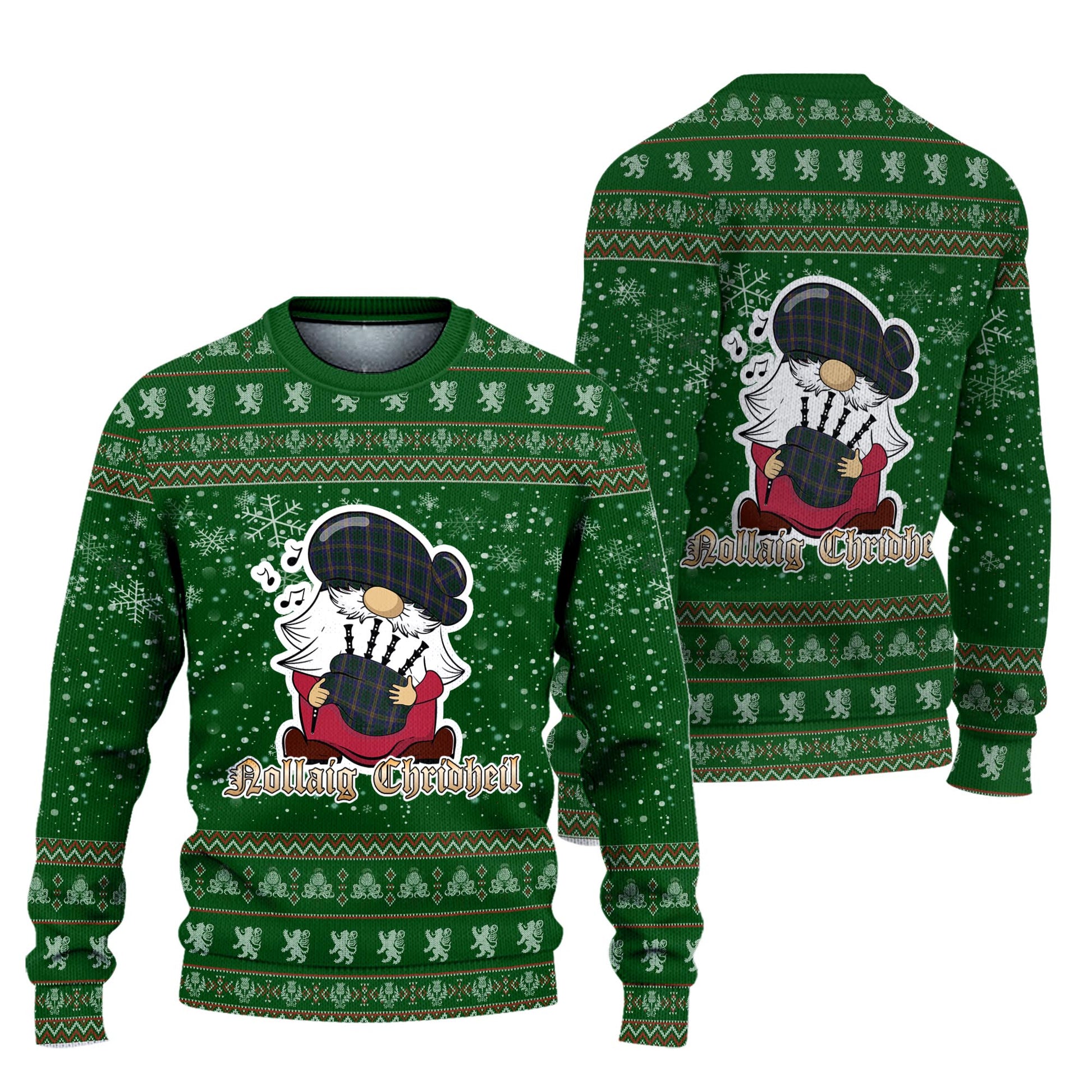 Kilkenny County Ireland Clan Christmas Family Knitted Sweater with Funny Gnome Playing Bagpipes Unisex Green - Tartanvibesclothing