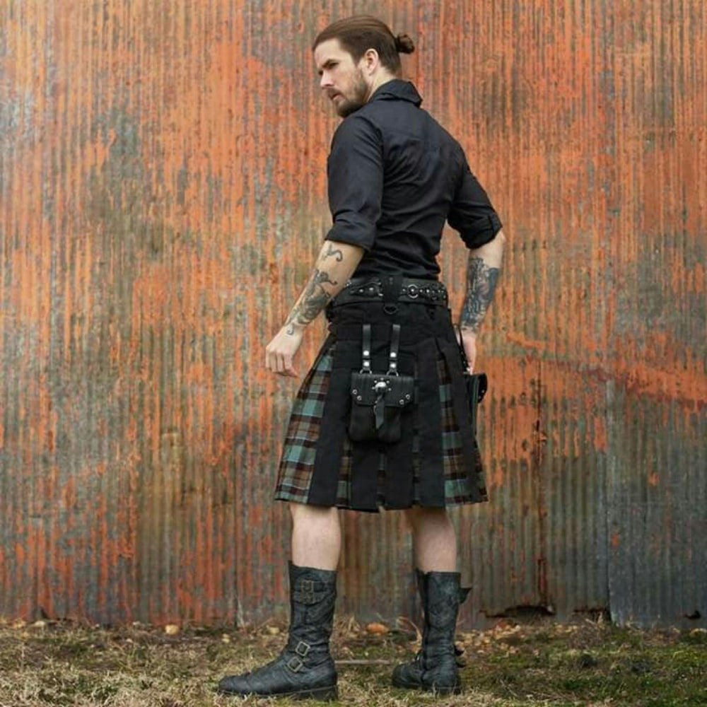 modern casual kilt outfit with black shirt boots and utility kilt with tartan panels