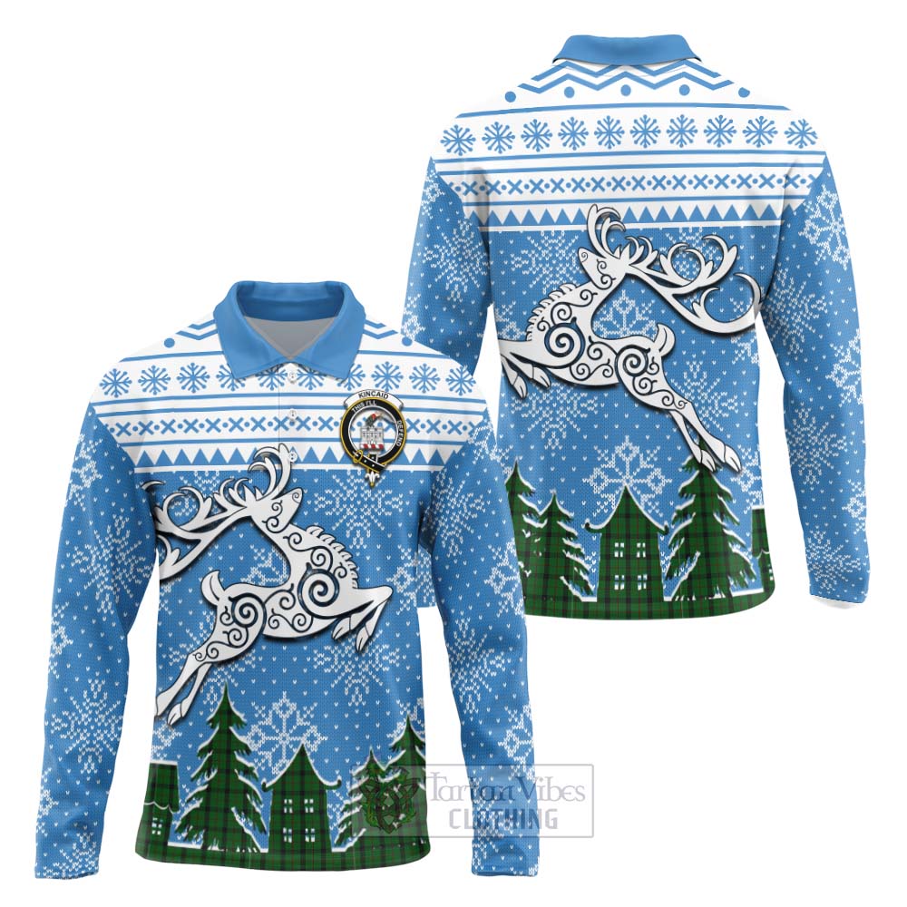Tartan Vibes Clothing Kincaid Clan Christmas Long Sleeve Polo Shirt Celtic Reindeer Style