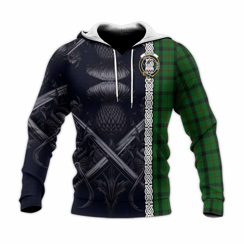 Tartan Vibes Clothing Kincaid Tartan Knitted Hoodie with Family Crest Cross Sword Thistle Celtic Vibes