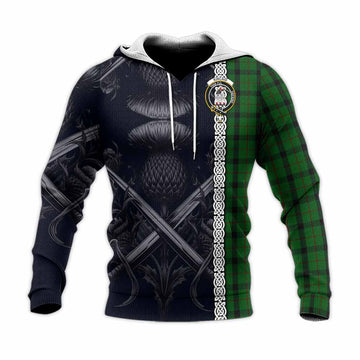 Tartan Vibes Clothing Kincaid Tartan Knitted Hoodie with Family Crest Cross Sword Thistle Celtic Vibes