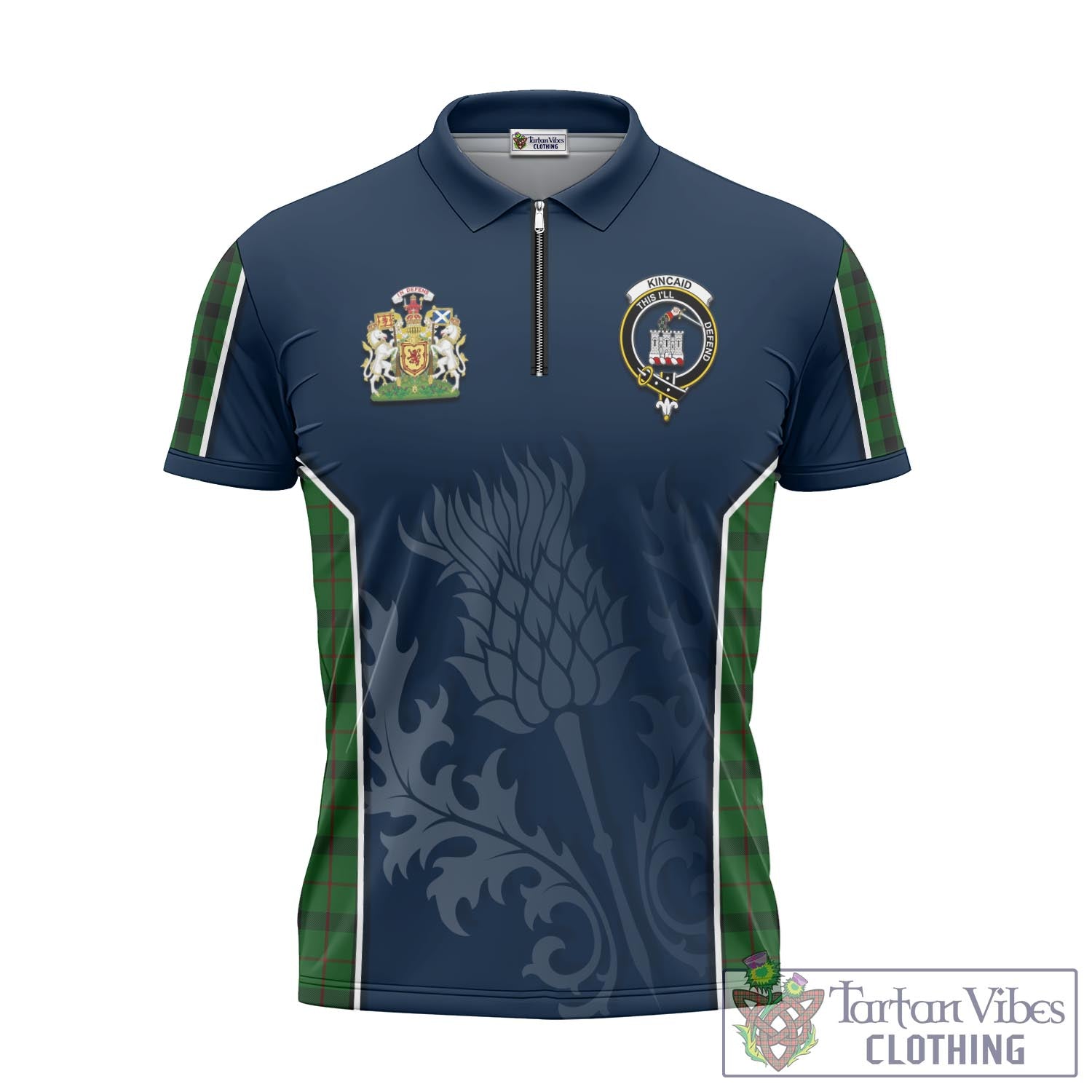 Tartan Vibes Clothing Kincaid Tartan Zipper Polo Shirt with Family Crest and Scottish Thistle Vibes Sport Style