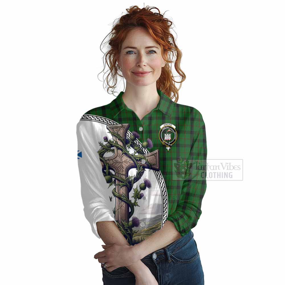 Tartan Vibes Clothing Kincaid Tartan Women's Casual Shirt with Family Crest and St. Andrew's Cross Accented by Thistle Vines