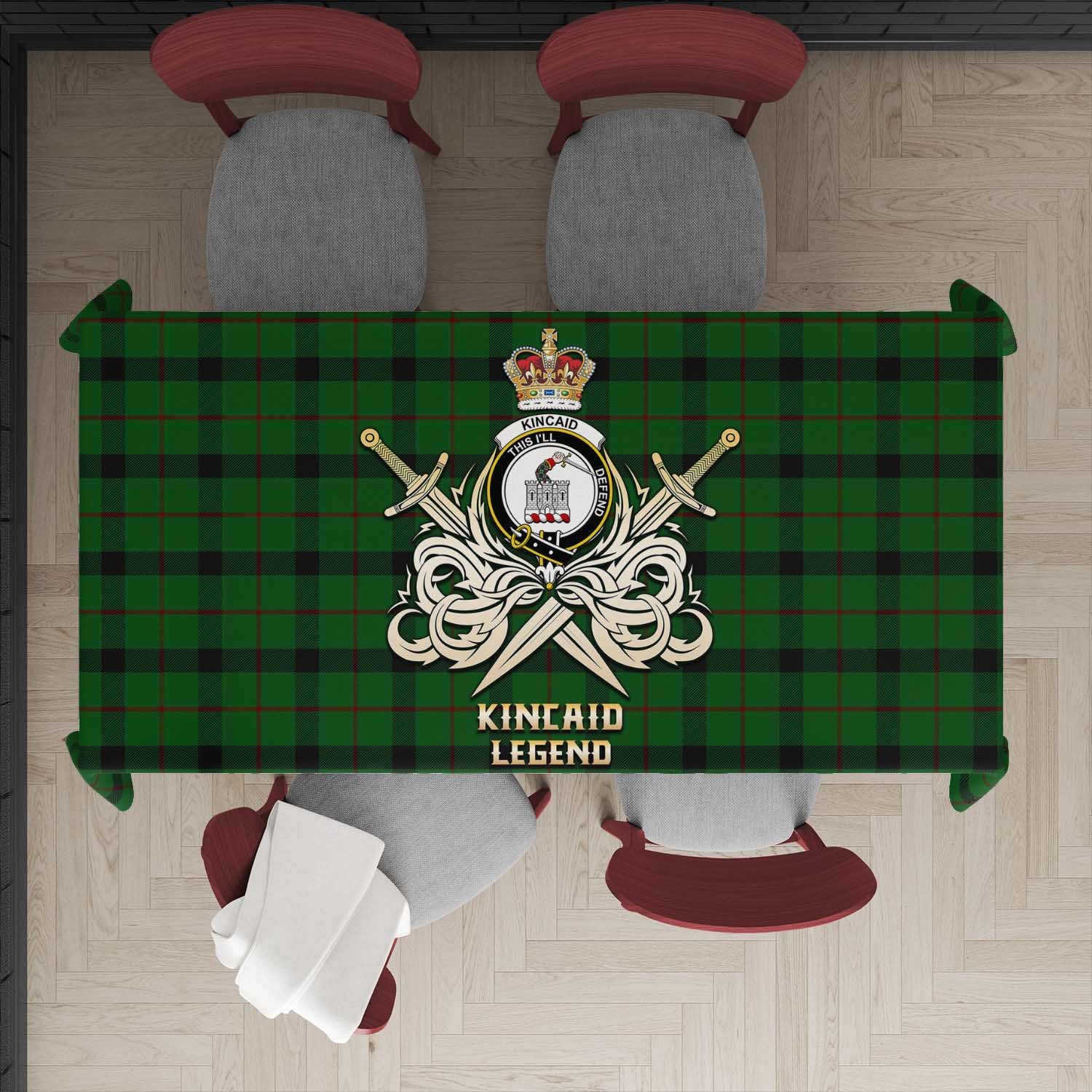 Tartan Vibes Clothing Kincaid Tartan Tablecloth with Clan Crest and the Golden Sword of Courageous Legacy