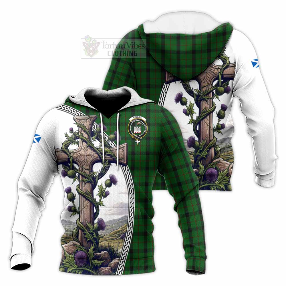 Tartan Vibes Clothing Kincaid Tartan Knitted Hoodie with Family Crest and St. Andrew's Cross Accented by Thistle Vines
