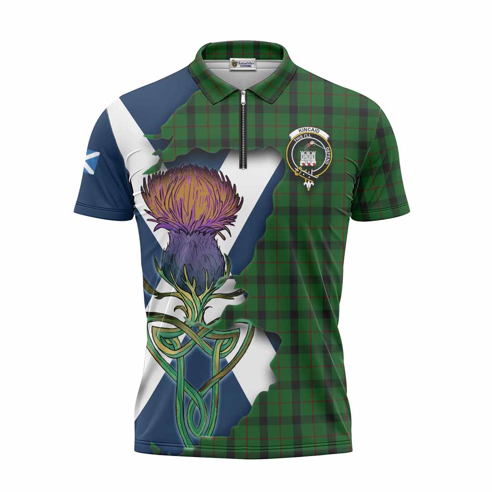 Tartan Vibes Clothing Kincaid Tartan Family Crest Zipper Polo Shirt Scottish Thistle Celtic Inspired