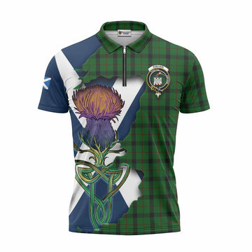 Kincaid Tartan Family Crest Zipper Polo Shirt Scottish Thistle Celtic Inspired