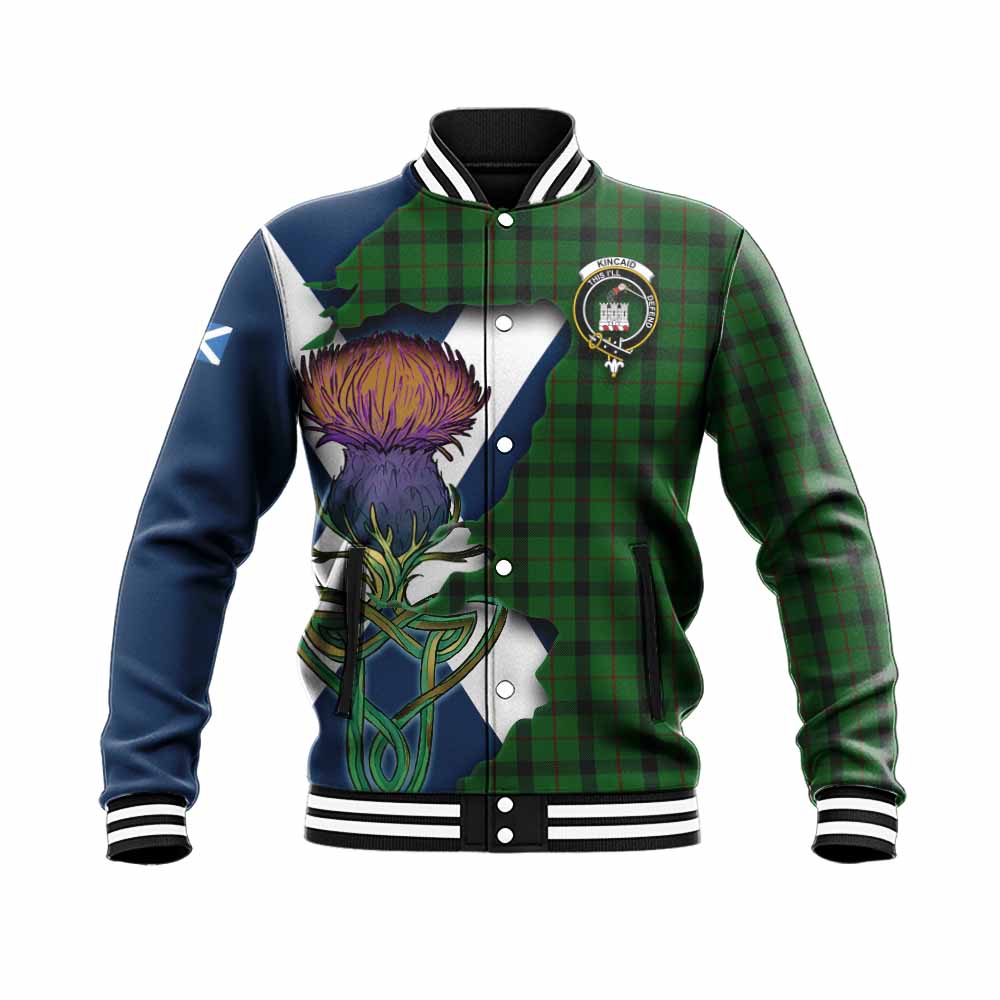 Tartan Vibes Clothing Kincaid Tartan Family Crest Baseball Jacket Scottish Thistle Celtic Inspired