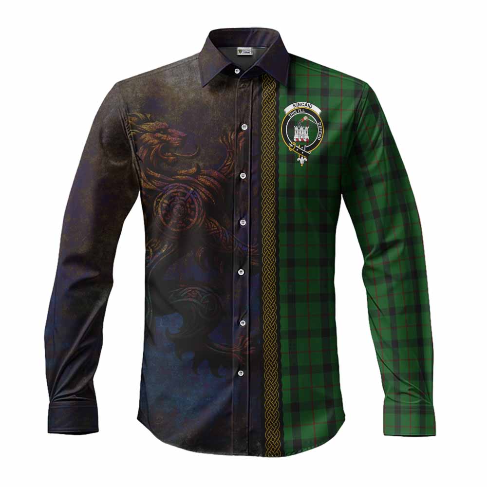 Tartan Vibes Clothing Kincaid Tartan Family Crest Long Sleeve Button Shirt Alba Gu Brath Be Brave Lion Ancient Style