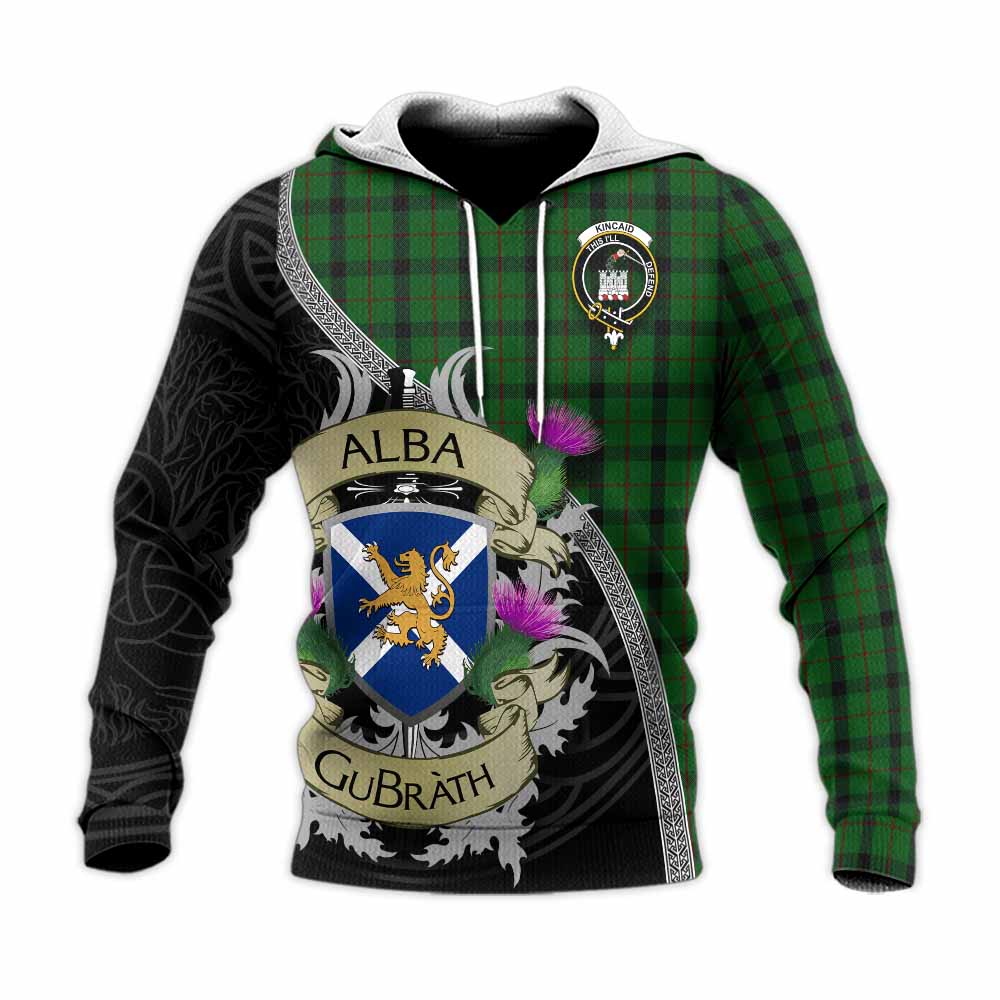 Tartan Vibes Clothing Kincaid Tartan Family Crest Knitted Hoodie Lion Rampant Royal Thistle Shield Celtic Inspired