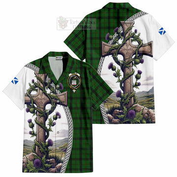 Tartan Vibes Clothing Kincaid Tartan Short Sleeve Button Shirt with Family Crest and St. Andrew's Cross Accented by Thistle Vines