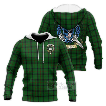 Tartan Vibes Clothing Kincaid Tartan Knitted Hoodie with Family Crest Celtic Skull Style