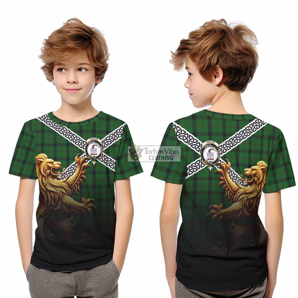 Tartan Vibes Clothing Kincaid Crest Tartan Kid T-Shirt with Golden Lion Emblem Celtic Style