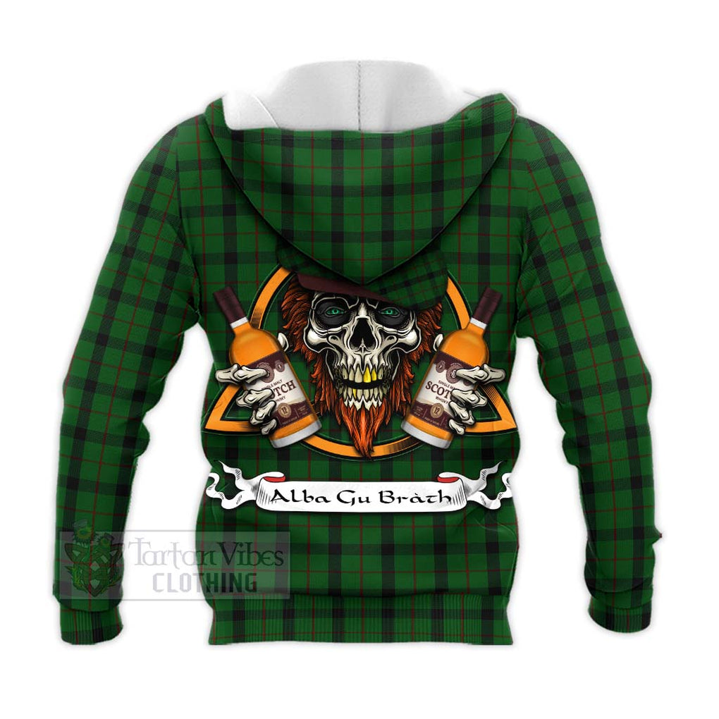 Tartan Vibes Clothing Kincaid Tartan Knitted Hoodie with Family Crest and Bearded Skull Holding Bottles of Whiskey