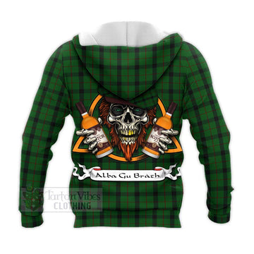 Tartan Vibes Clothing Kincaid Tartan Knitted Hoodie with Family Crest and Bearded Skull Holding Bottles of Whiskey