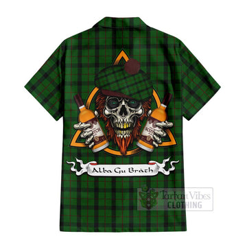 Tartan Vibes Clothing Kincaid Tartan Short Sleeve Button Shirt with Family Crest and Bearded Skull Holding Bottles of Whiskey
