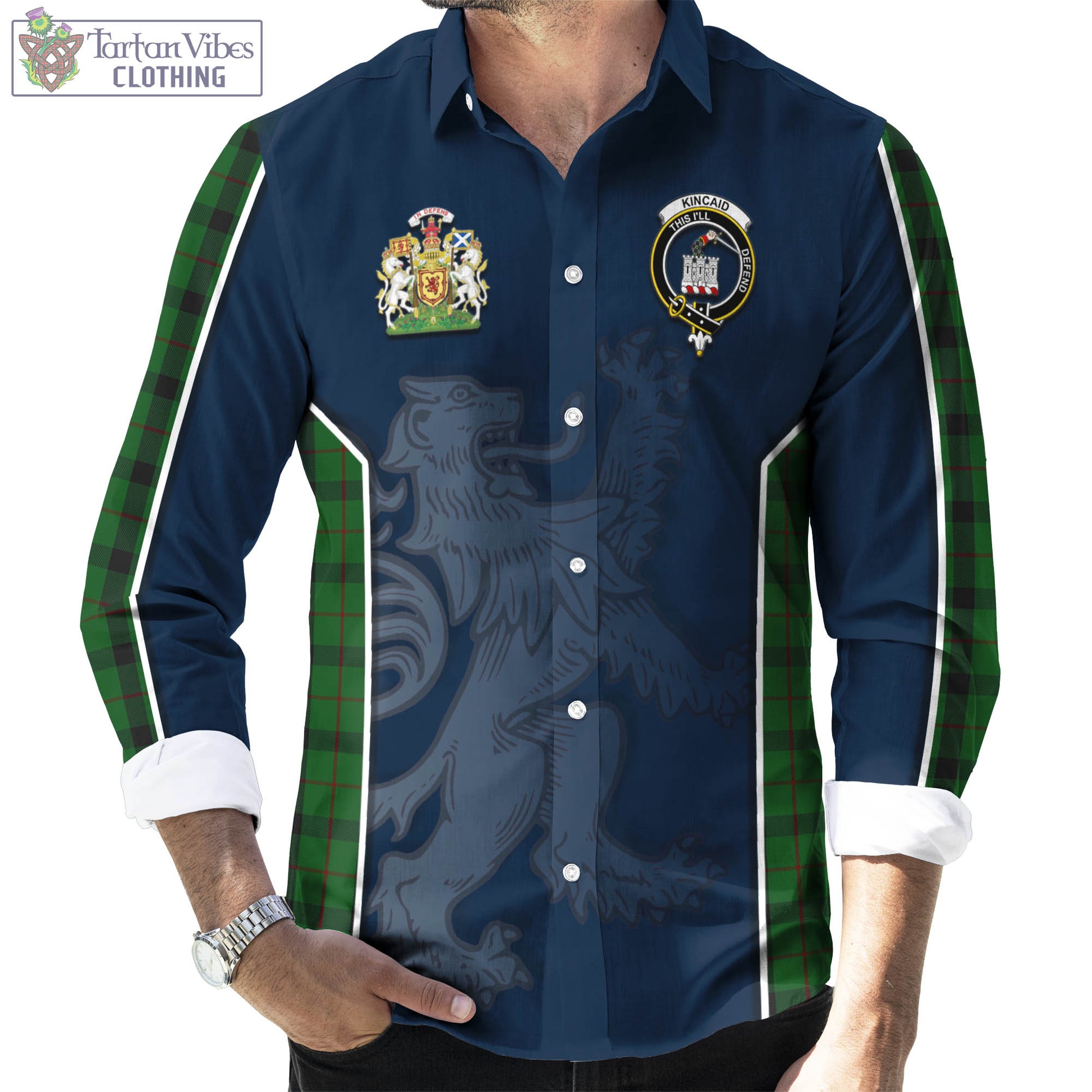 Tartan Vibes Clothing Kincaid Tartan Long Sleeve Button Up Shirt with Family Crest and Lion Rampant Vibes Sport Style