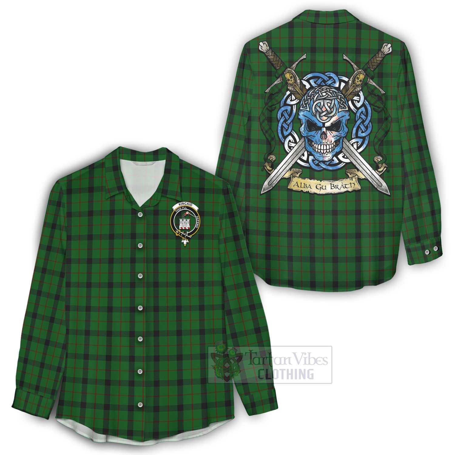 Tartan Vibes Clothing Kincaid Tartan Women's Casual Shirt with Family Crest Celtic Skull Style