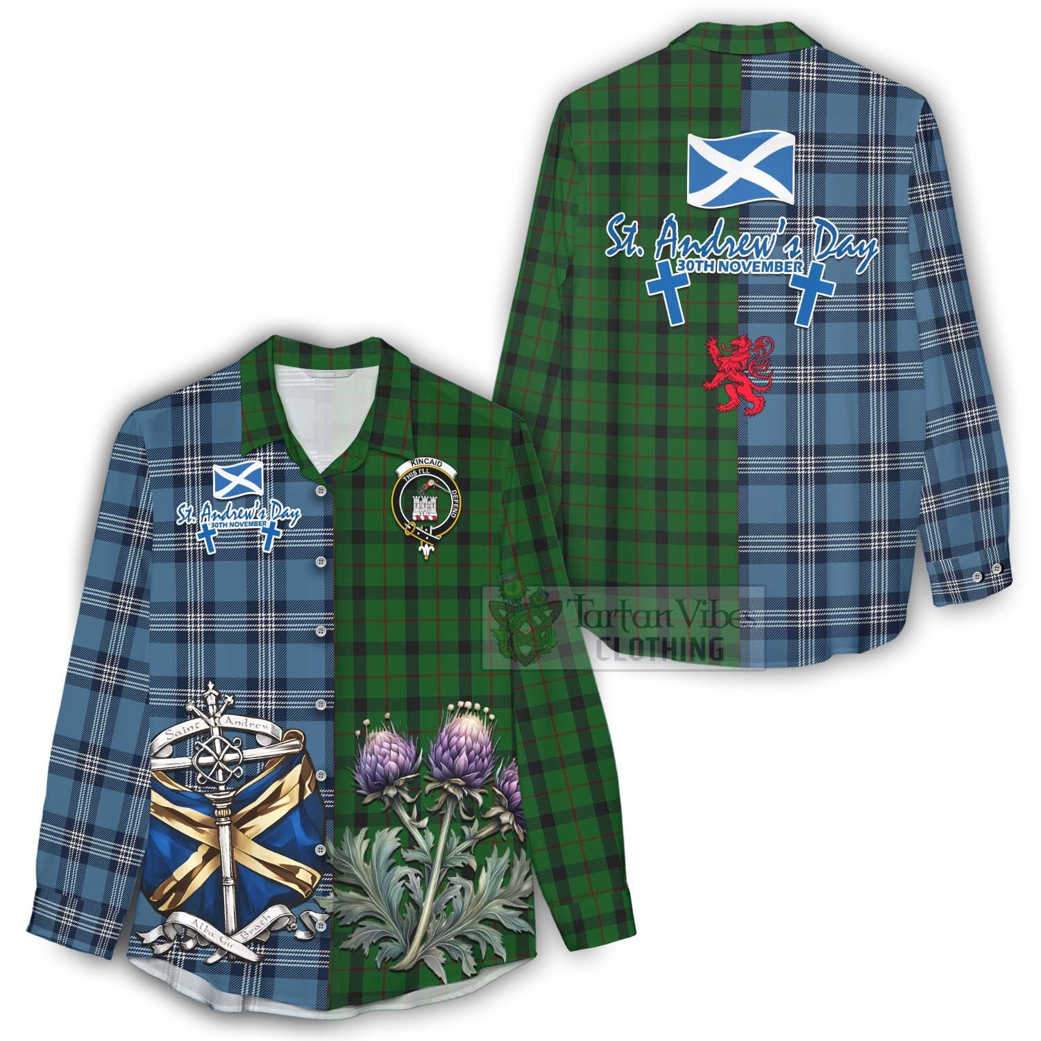 Tartan Vibes Clothing Kincaid Tartan Women's Casual Shirt Happy St. Andrew's Day Half Tartan Style