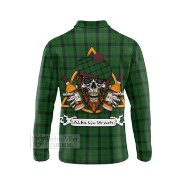 Kincaid Tartan Long Sleeve Polo Shirt with Family Crest and Bearded Skull Holding Bottles of Whiskey - Tartan Vibes Clothing