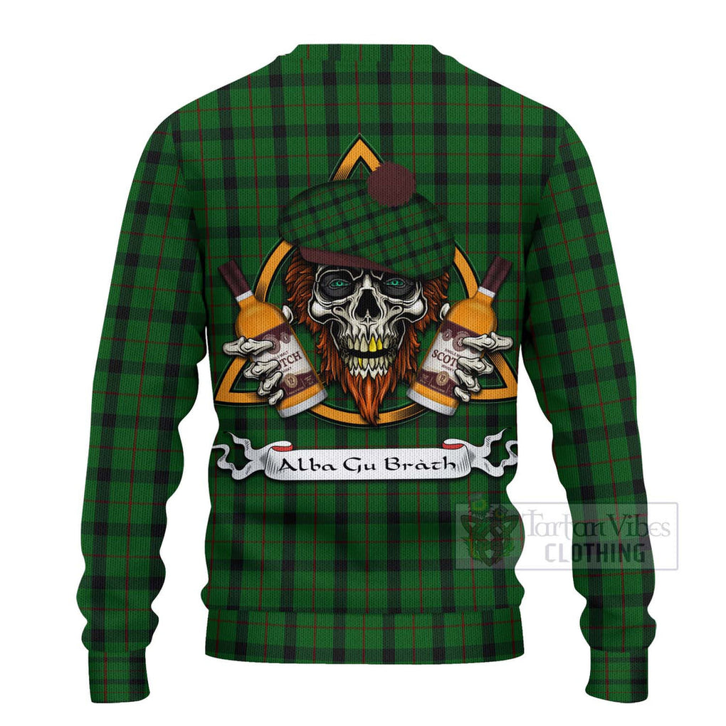 Tartan Vibes Clothing Kincaid Tartan Knitted Sweater with Family Crest and Bearded Skull Holding Bottles of Whiskey