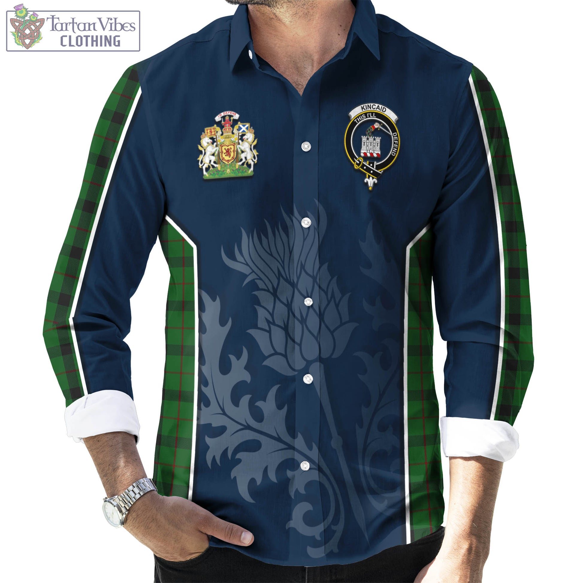 Tartan Vibes Clothing Kincaid Tartan Long Sleeve Button Up Shirt with Family Crest and Scottish Thistle Vibes Sport Style