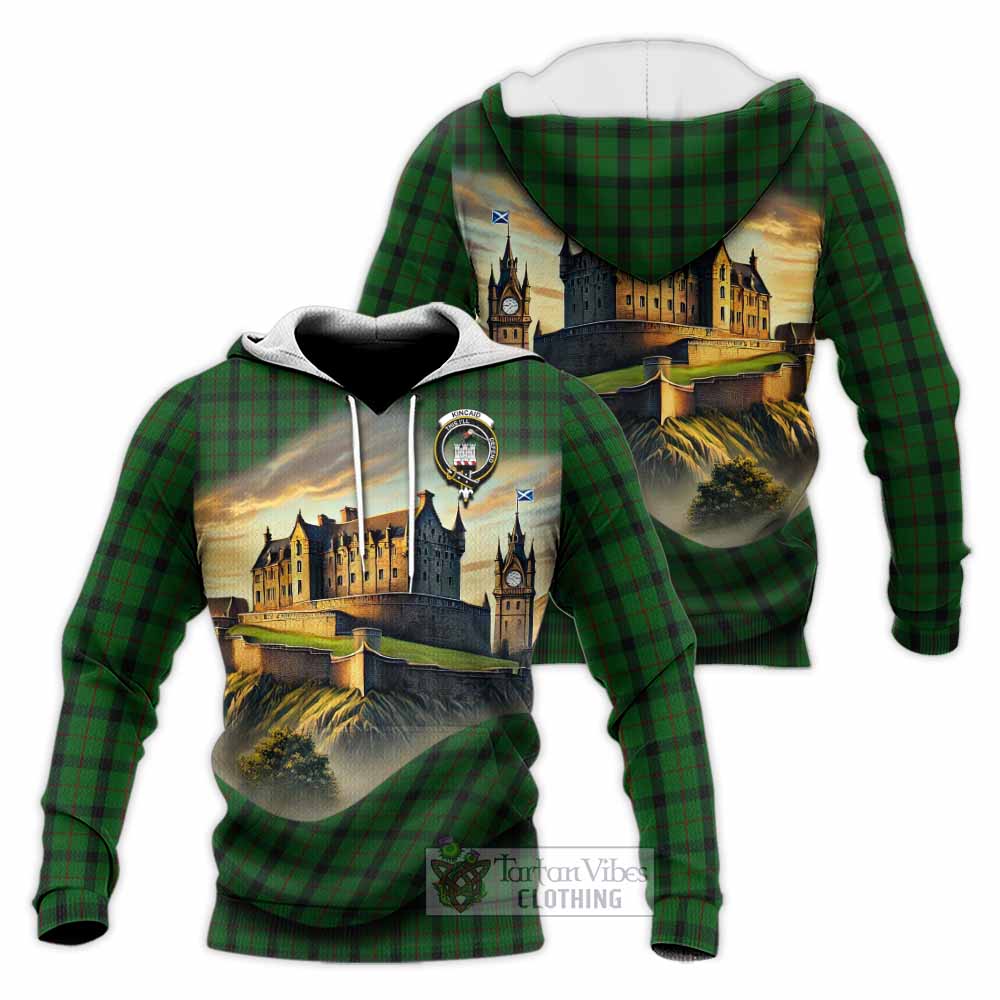 Tartan Vibes Clothing Kincaid Tartan Family Crest Knitted Hoodie with Scottish Ancient Castle Style