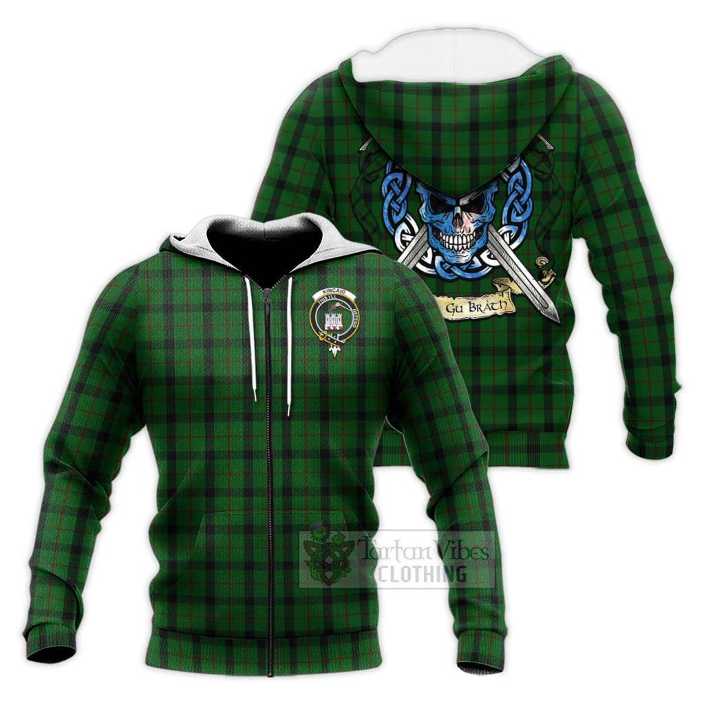 Tartan Vibes Clothing Kincaid Tartan Knitted Hoodie with Family Crest Celtic Skull Style
