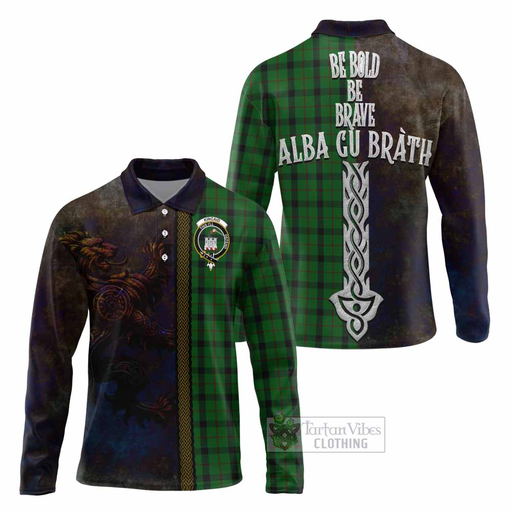 Tartan Vibes Clothing Kincaid Tartan Family Crest Long Sleeve Polo Shirt Alba Gu Brath Be Brave Lion Ancient Style