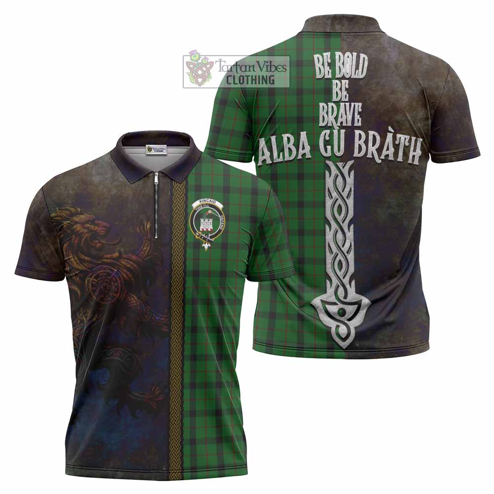 Tartan Vibes Clothing Kincaid Tartan Family Crest Zipper Polo Shirt Alba Gu Brath Be Brave Lion Ancient Style