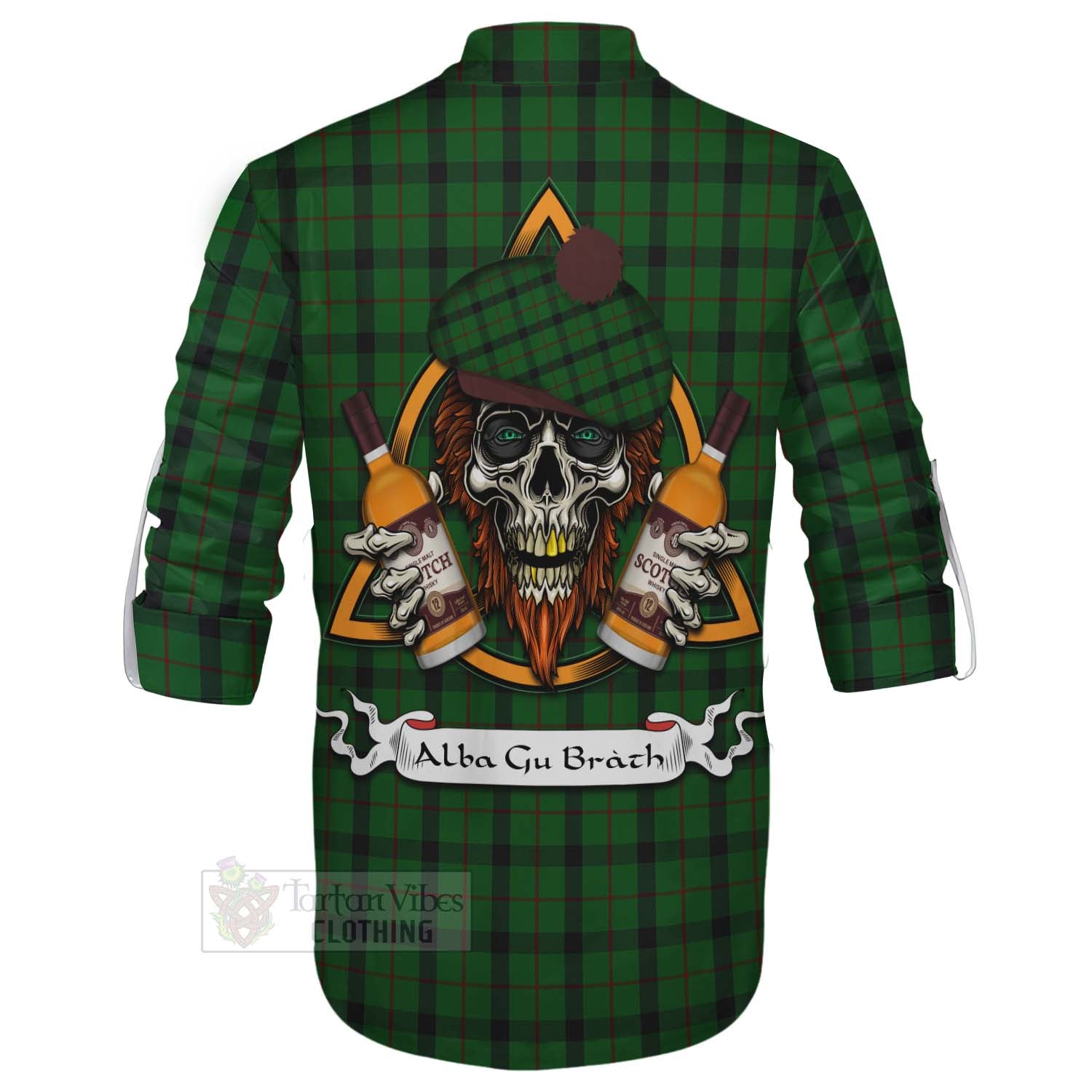 Tartan Vibes Clothing Kincaid Tartan Ghillie Kilt Shirt with Family Crest and Bearded Skull Holding Bottles of Whiskey