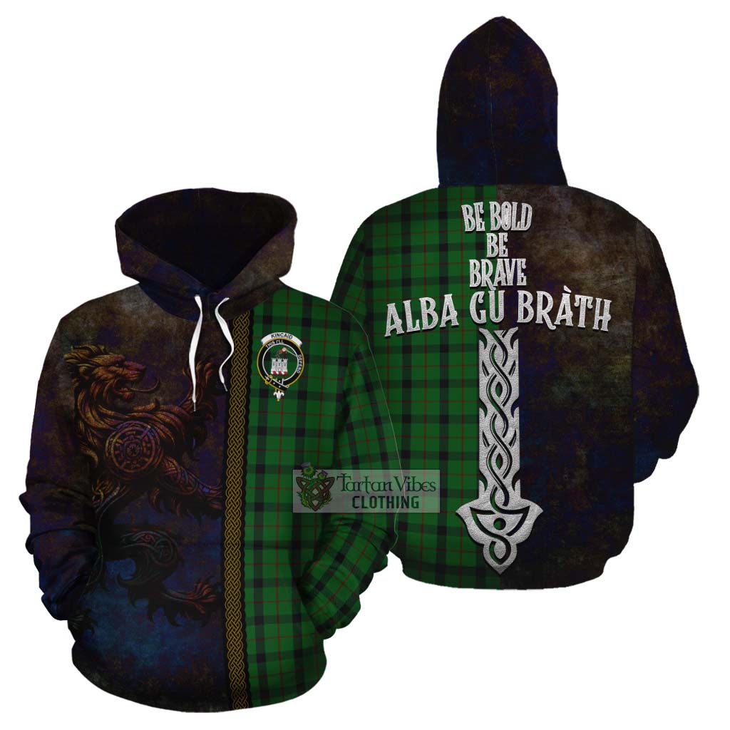 Tartan Vibes Clothing Kincaid Tartan Family Crest Cotton Hoodie Alba Gu Brath Be Brave Lion Ancient Style