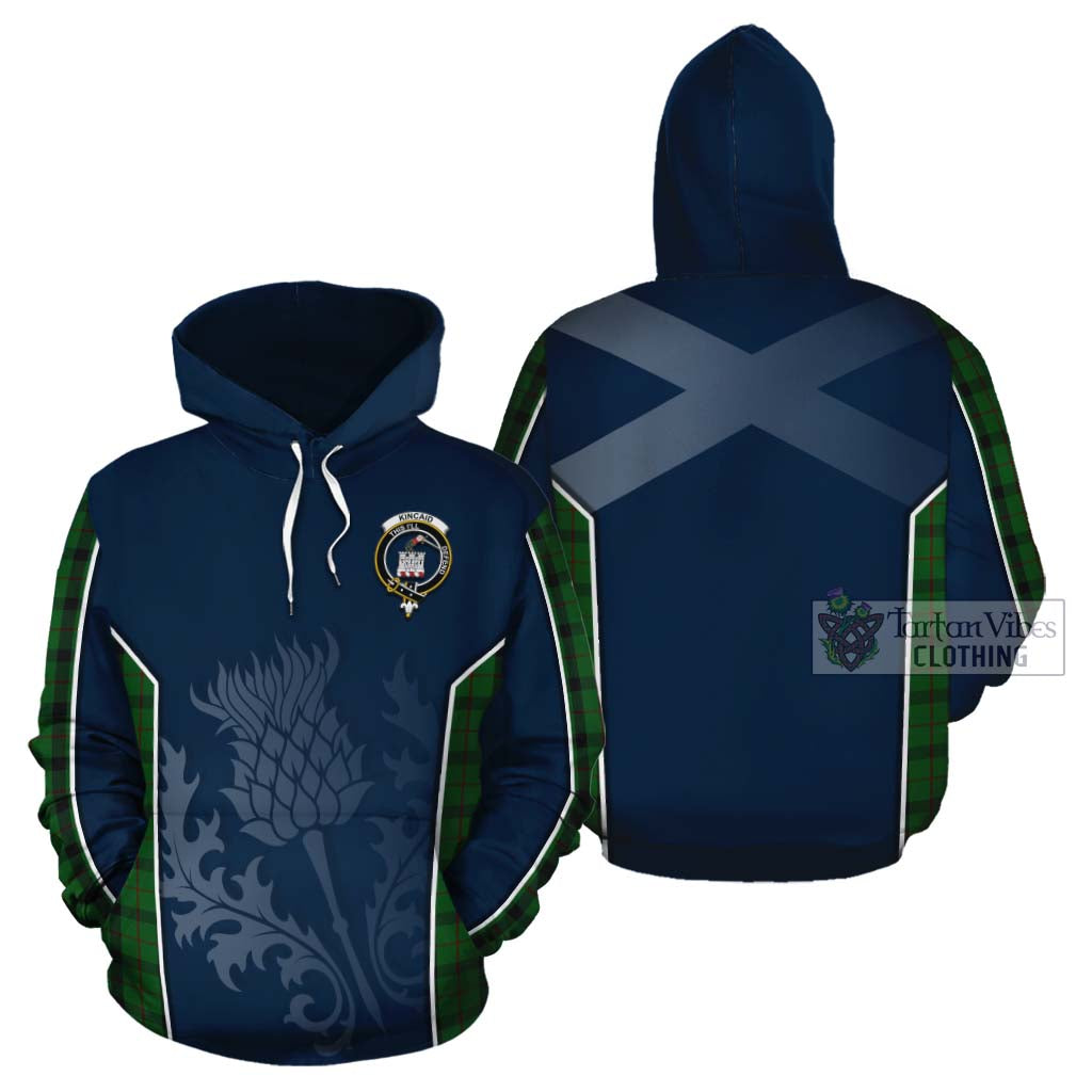 Tartan Vibes Clothing Kincaid Tartan Cotton Hoodie with Family Crest and Scottish Thistle Vibes Sport Style