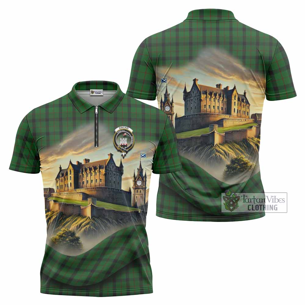 Tartan Vibes Clothing Kincaid Tartan Family Crest Zipper Polo Shirt with Scottish Ancient Castle Stype