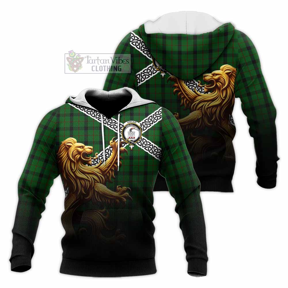 Tartan Vibes Clothing Kincaid Crest Tartan Knitted Hoodie with Golden Lion Emblem Celtic Style