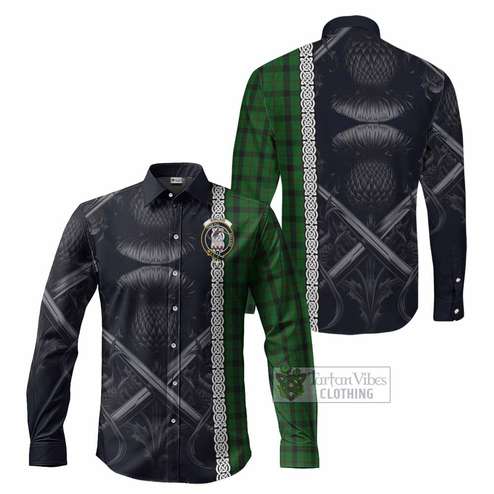 Tartan Vibes Clothing Kincaid Tartan Long Sleeve Button Shirt with Family Crest Cross Sword Thistle Celtic Vibes